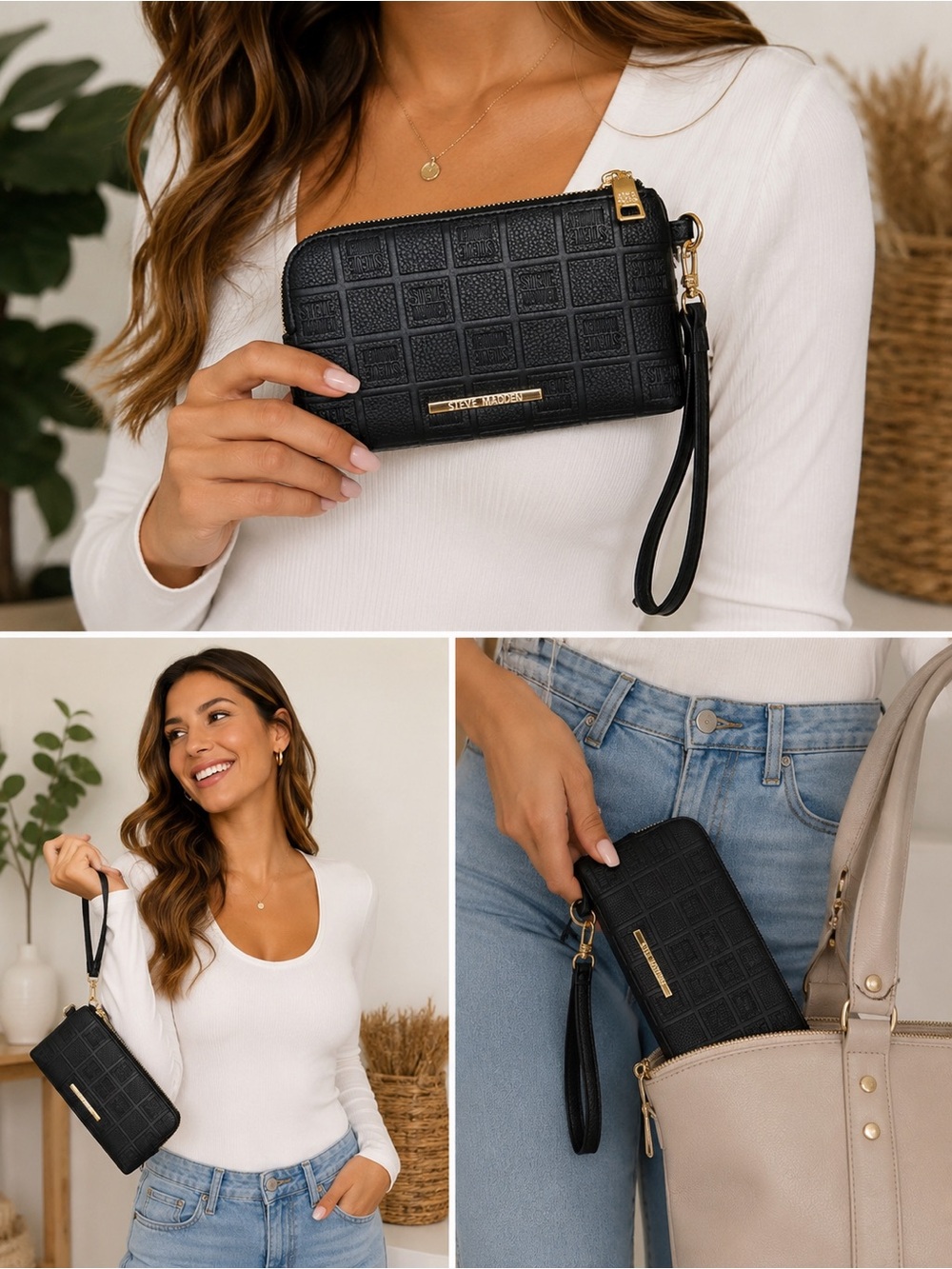Steve Madden Black Wristlet Wallet Double
Zip Logo Embossed Gold Tone